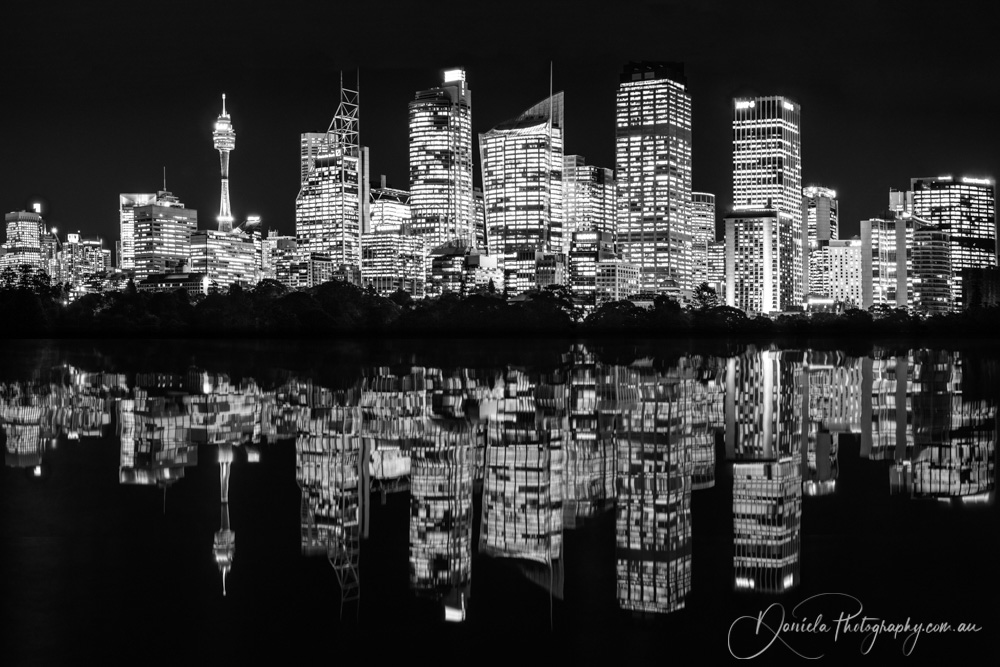 Australia -Night Reflections Sydney Waterfront Skyline in BW